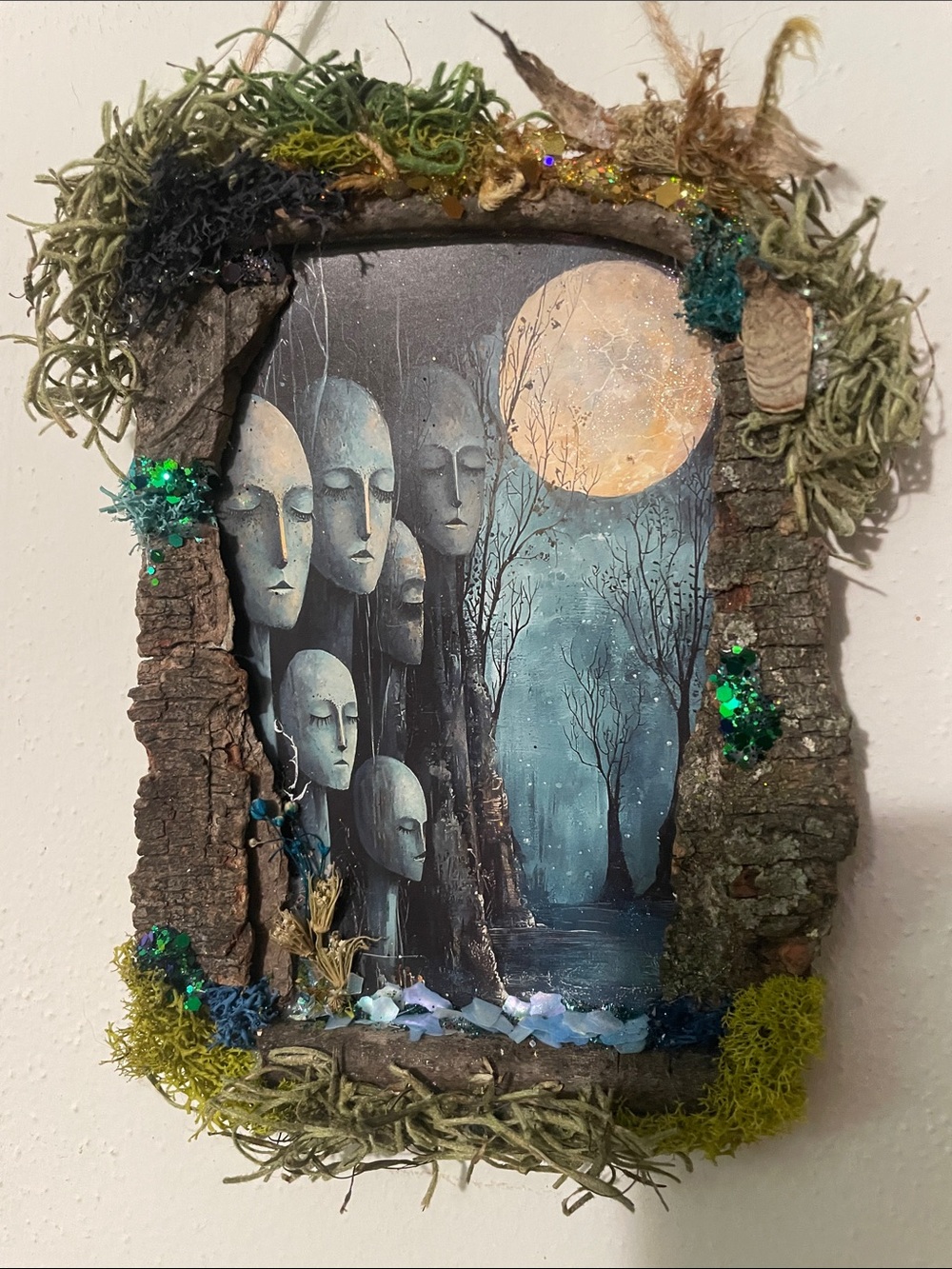Surreal Moonlit Wall Art - with handcrafted border wall decor Forest night blue